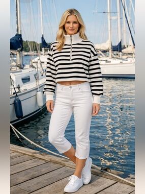 C&C California Women's Cropped Striped Half-Zip Small Pullover Top